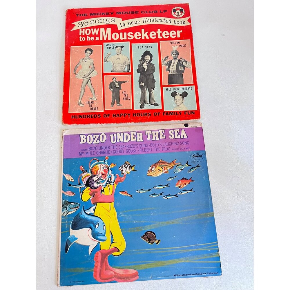Vtg Disneyland Records: How To Be A Mouseketeer 1962 & Bozo Under The Sea LPs